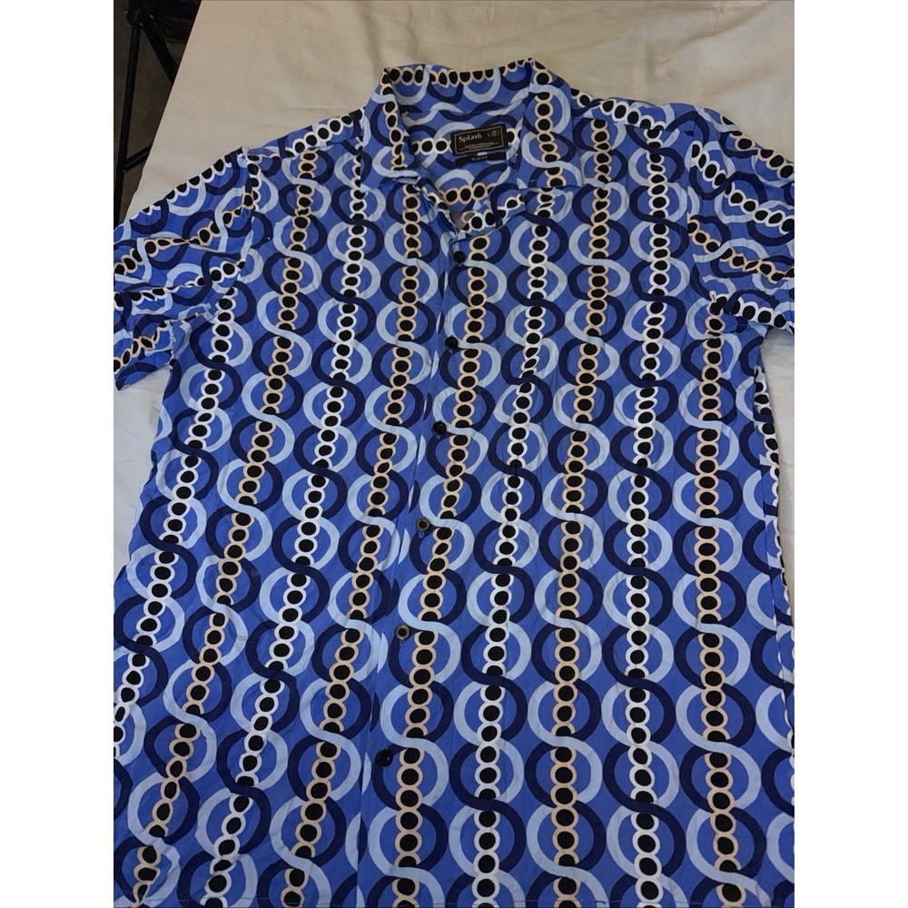 Vintage Splash Men's Short Sleeve Button Up Blue  Geometric  Print Shirt SZ L